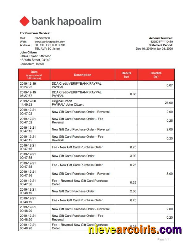 Israel Bank Hapoalim bank statement